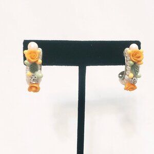 Orange Floral Bead Embellished Faux Pearl Open Hoop Pierced Earrings Vintage 1"